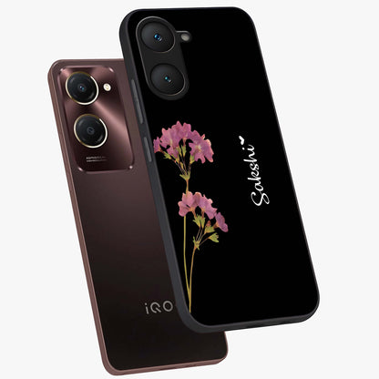 Riching Lavender Flower Custom Name Glass Case displayed in angled mockup highlighting delicate lavender flower design with custom name feature.