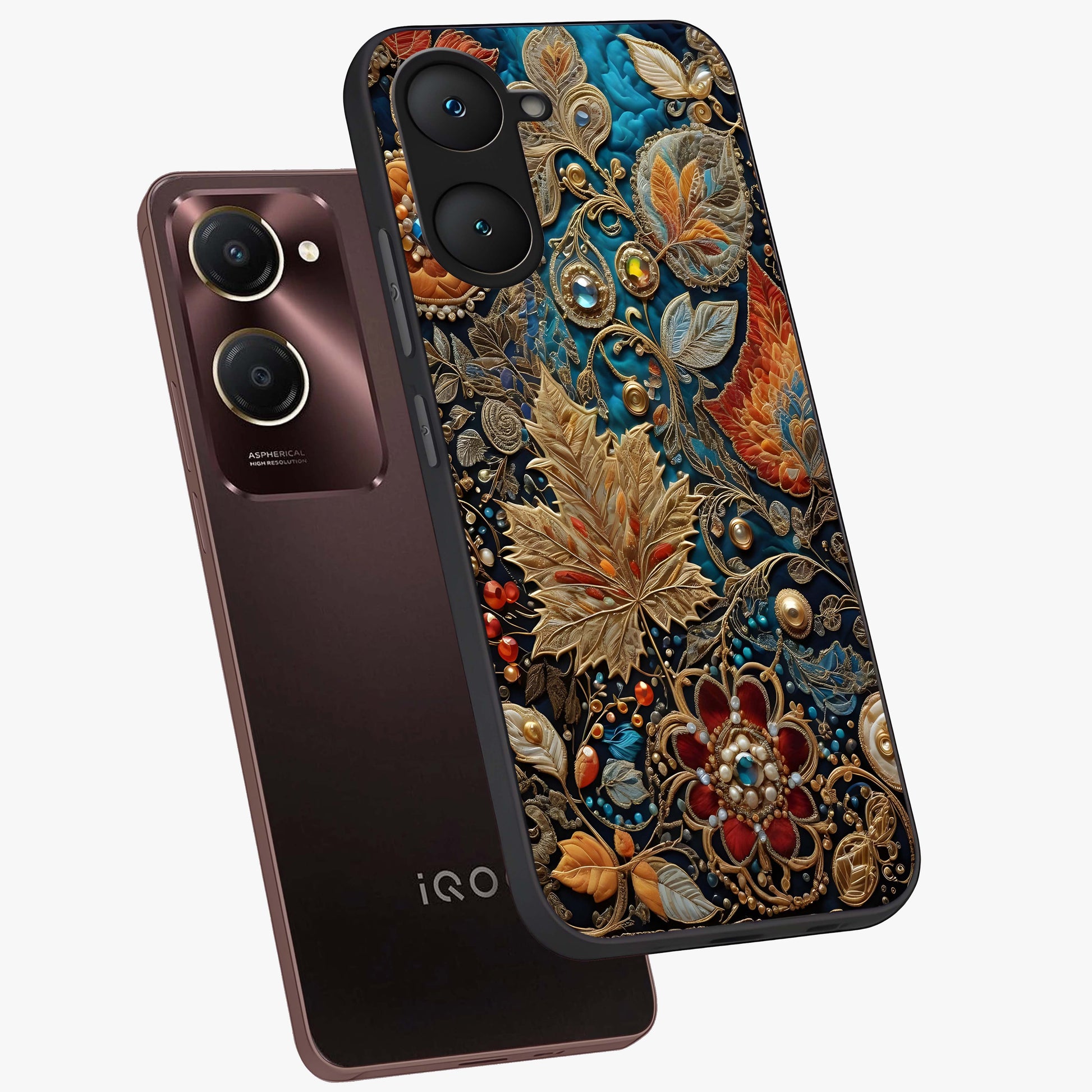 Royal Jewel Garden Glass Case displayed in angled mockup highlighting vibrant jewel inspired floral design with elegant aesthetic.