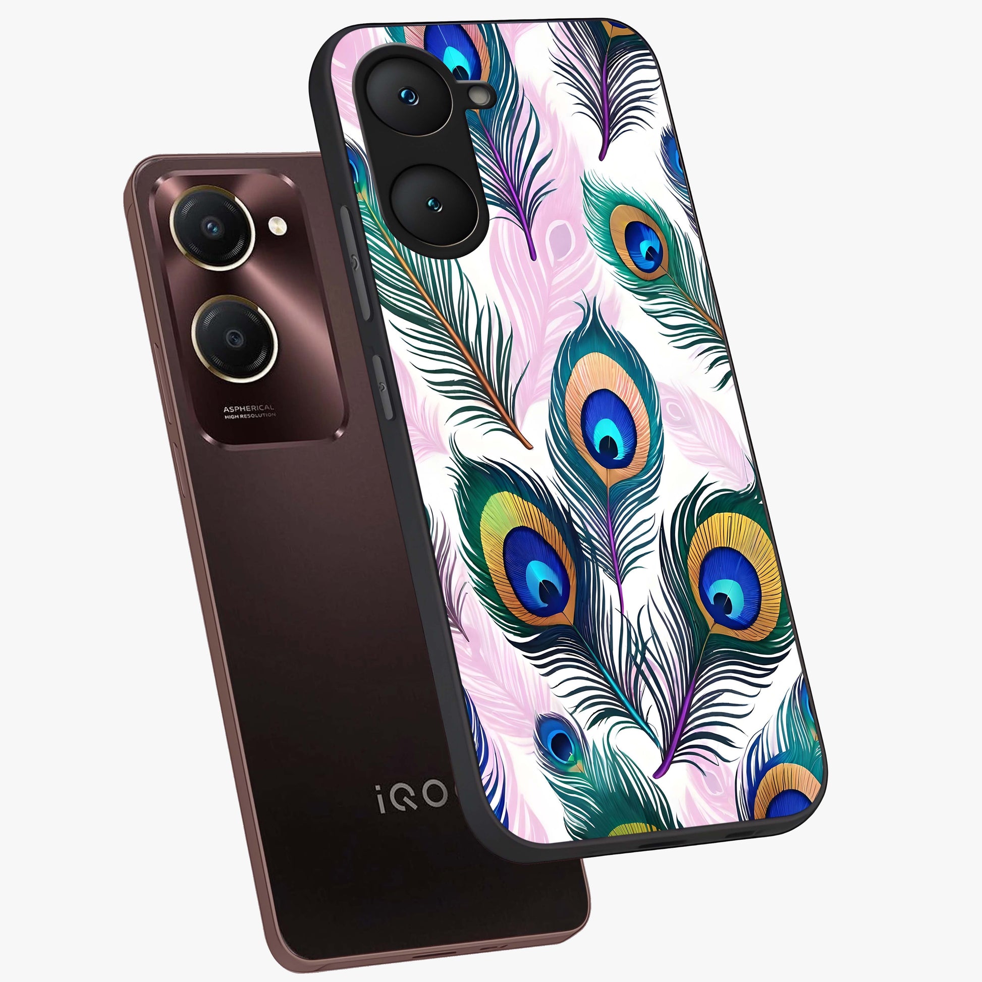 Royal Peacock Feathers Glass Case displayed in angled mockup highlighting vibrant feather pattern with regal aesthetic style.