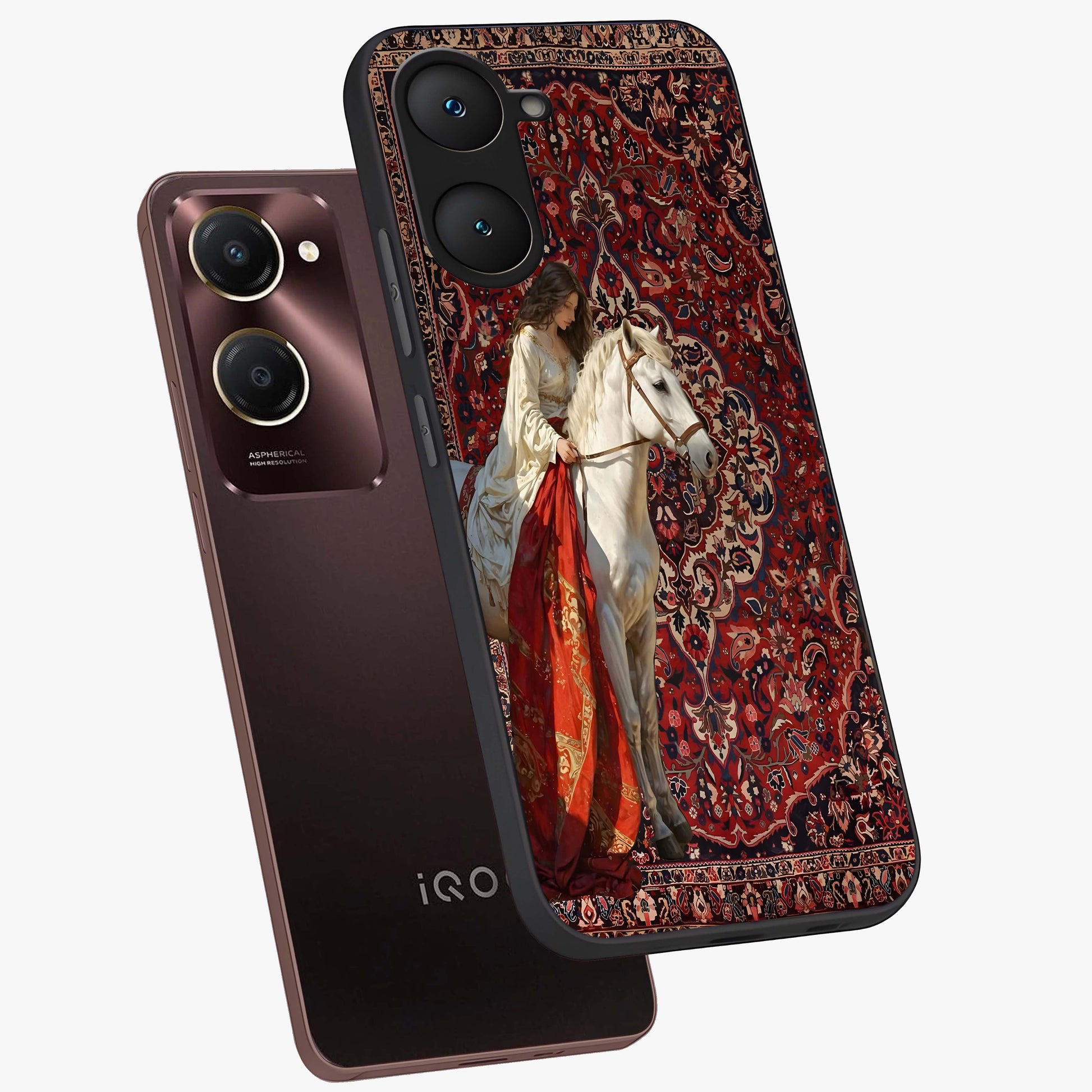 Royal Rider Tapestry Glass Case displayed in angled mockup highlighting traditional tapestry design with royal heritage aesthetic.