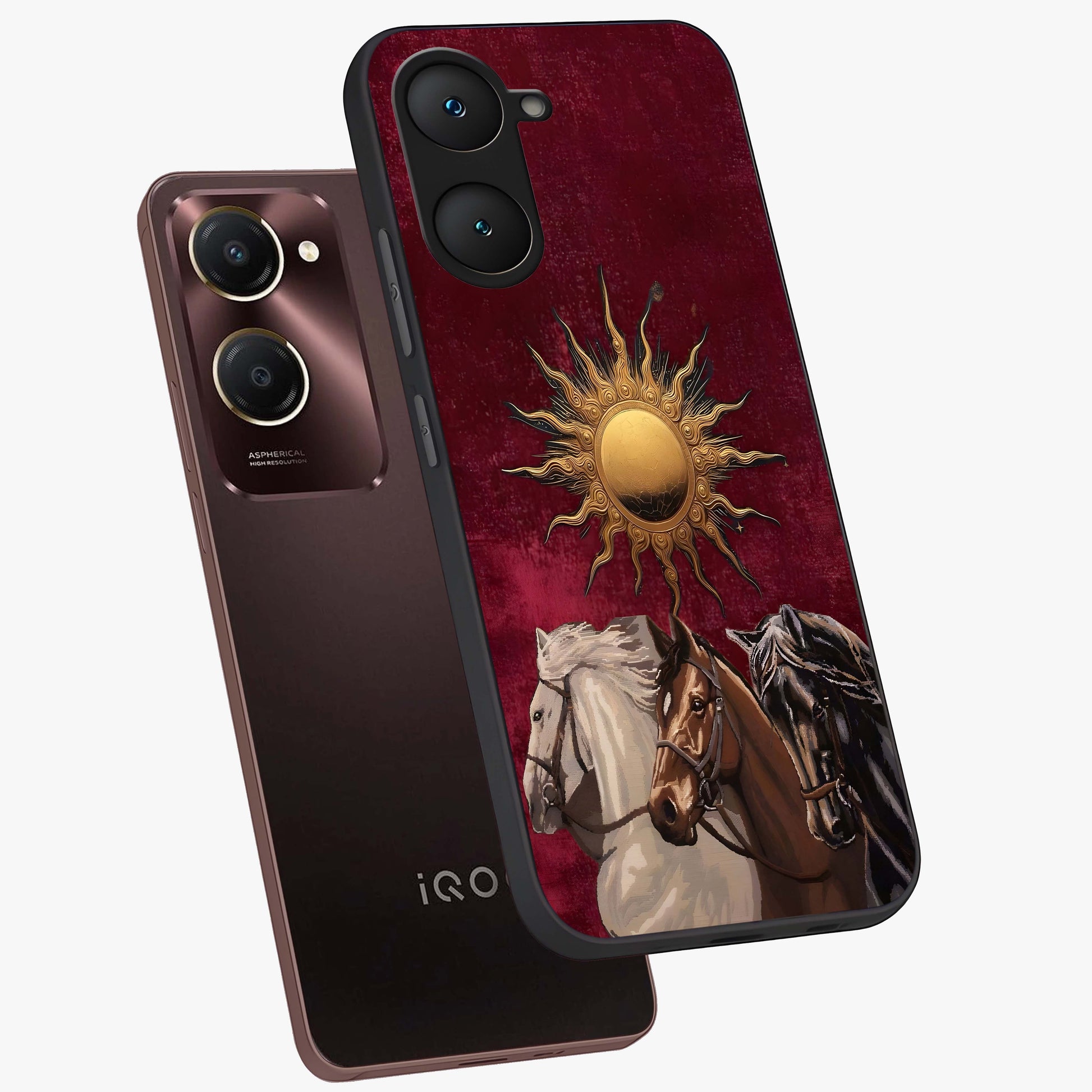 Solar Riders Glass Case displayed in angled mockup highlighting powerful rider illustration with radiant solar aesthetic.