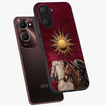 Solar Riders Glass Case displayed in angled mockup highlighting powerful rider illustration with radiant solar aesthetic.