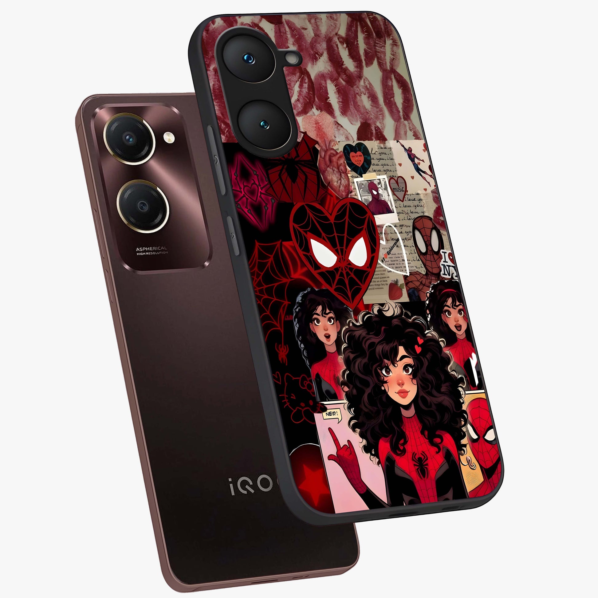 Spider Love Story Glass Case displayed in angled mockup highlighting expressive comic inspired design with playful aesthetic.