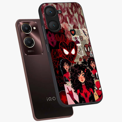 Spider Love Story Glass Case displayed in angled mockup highlighting expressive comic inspired design with playful aesthetic.