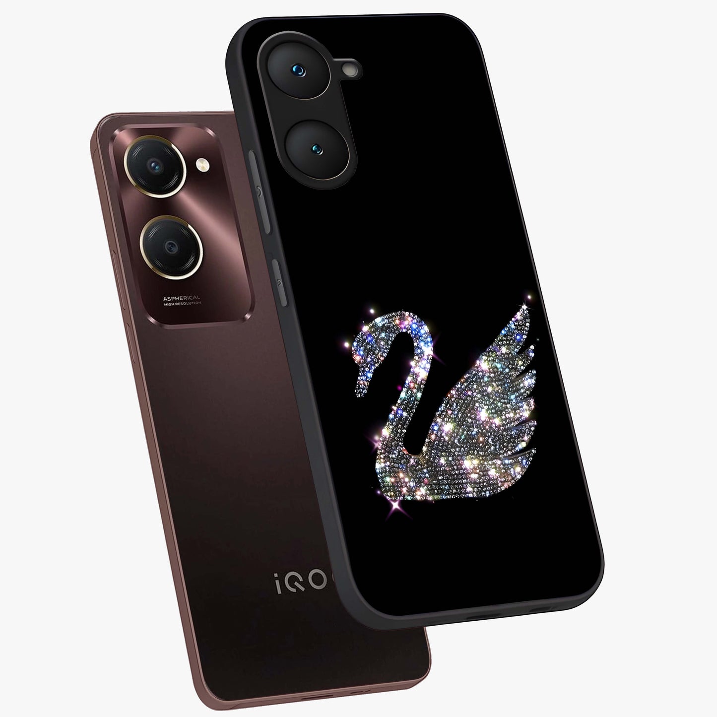 Starlit Swan Grace Glass Case displayed in angled mockup highlighting elegant swan illustration with dreamy celestial aesthetic.