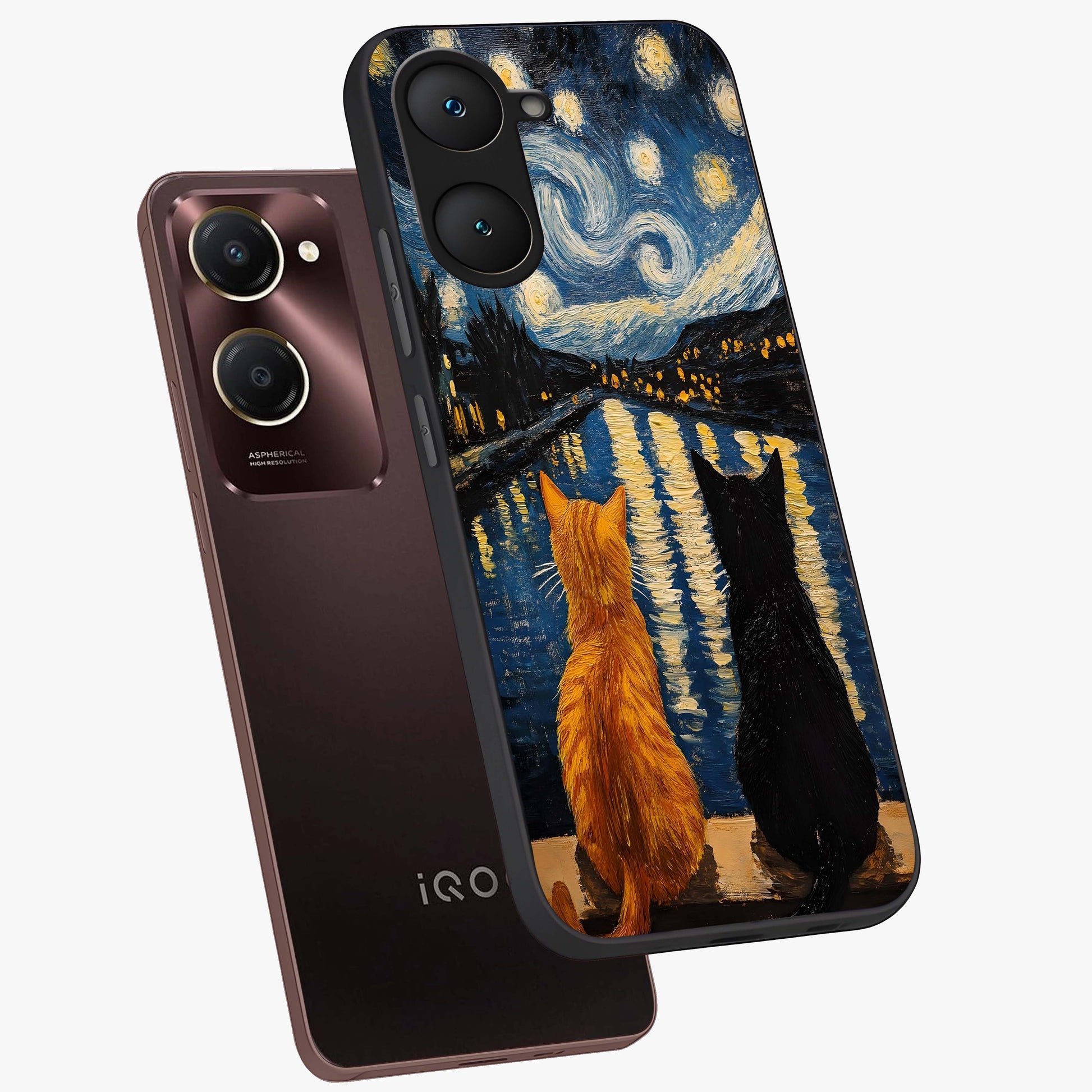 Starry River Cats Glass Case displayed in angled mockup highlighting charming feline illustration with dreamy night aesthetic.