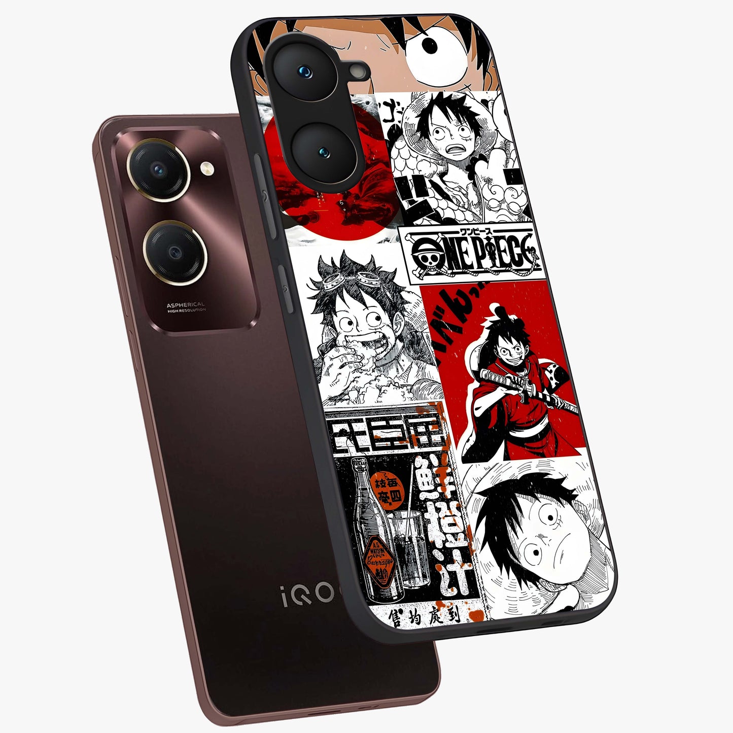 Strawhat Chaos Panels Glass Case displayed in angled mockup highlighting vibrant anime collage design with action aesthetic.