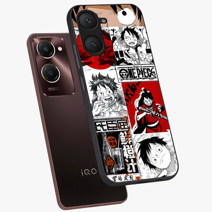 Strawhat Chaos Panels Glass Case displayed in angled mockup highlighting vibrant anime collage design with action aesthetic.