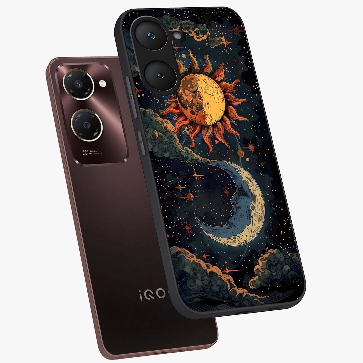 Sun And Moon Magic Design Glass Case displayed in angled mockup highlighting celestial design with magical cosmic aesthetic.