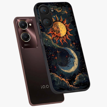 Sun And Moon Magic Design Glass Case displayed in angled mockup highlighting celestial design with magical cosmic aesthetic.