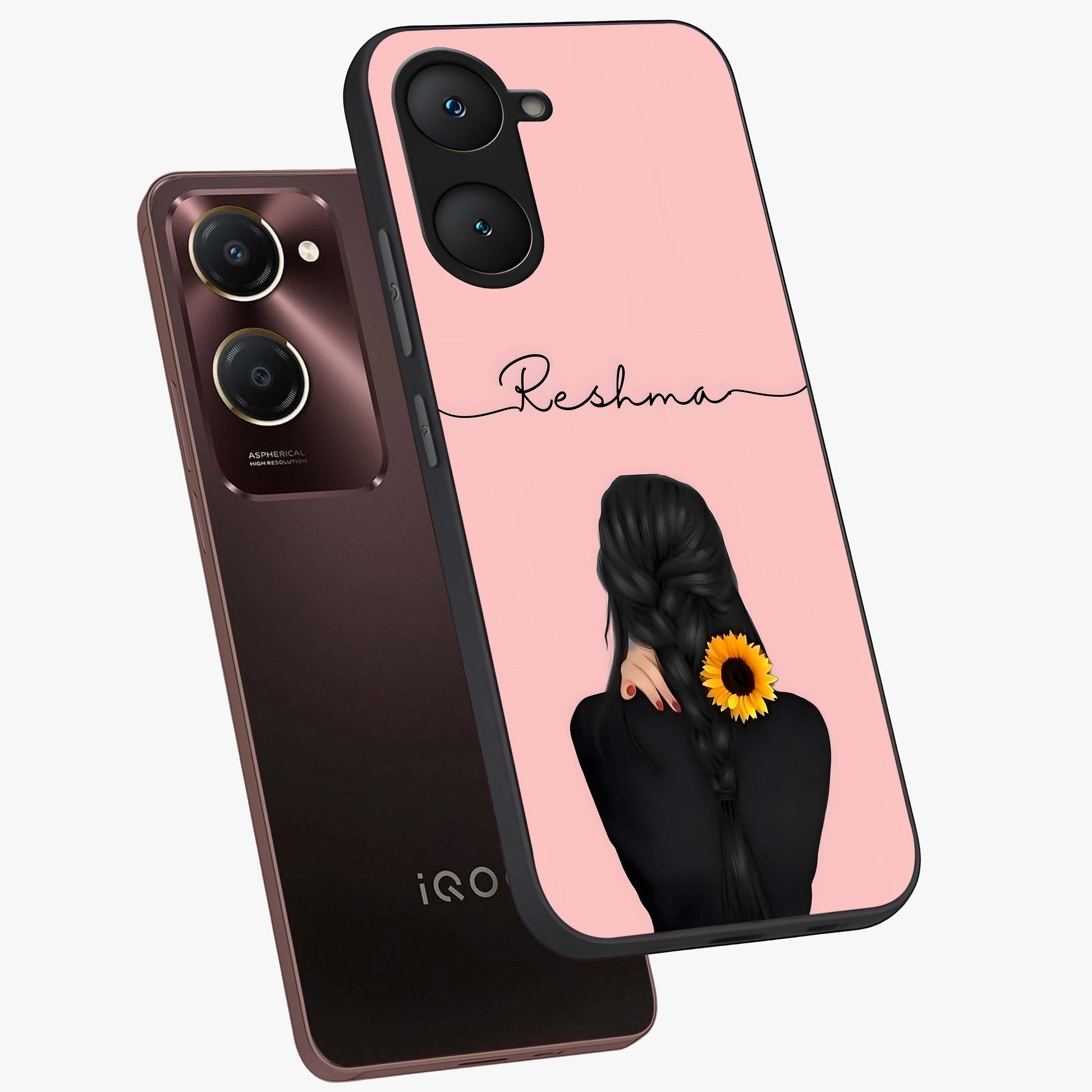 Sunflower Braid Beauty With Custom Name Glass Case displayed in angled mockup highlighting elegant sunflower design with custom name feature.