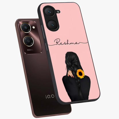 Sunflower Braid Beauty With Custom Name Glass Case displayed in angled mockup highlighting elegant sunflower design with custom name feature.