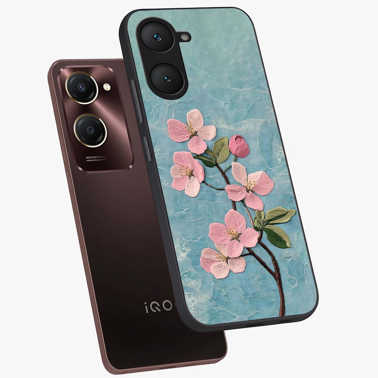 Threaded Blossom Breeze Glass Case displayed in angled mockup highlighting elegant floral design with soft aesthetic style.