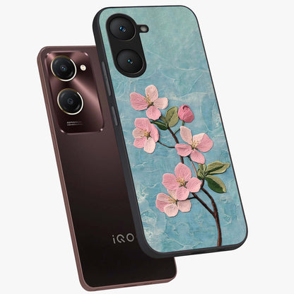 Threaded Blossom Breeze Glass Case displayed in angled mockup highlighting elegant floral design with soft aesthetic style.