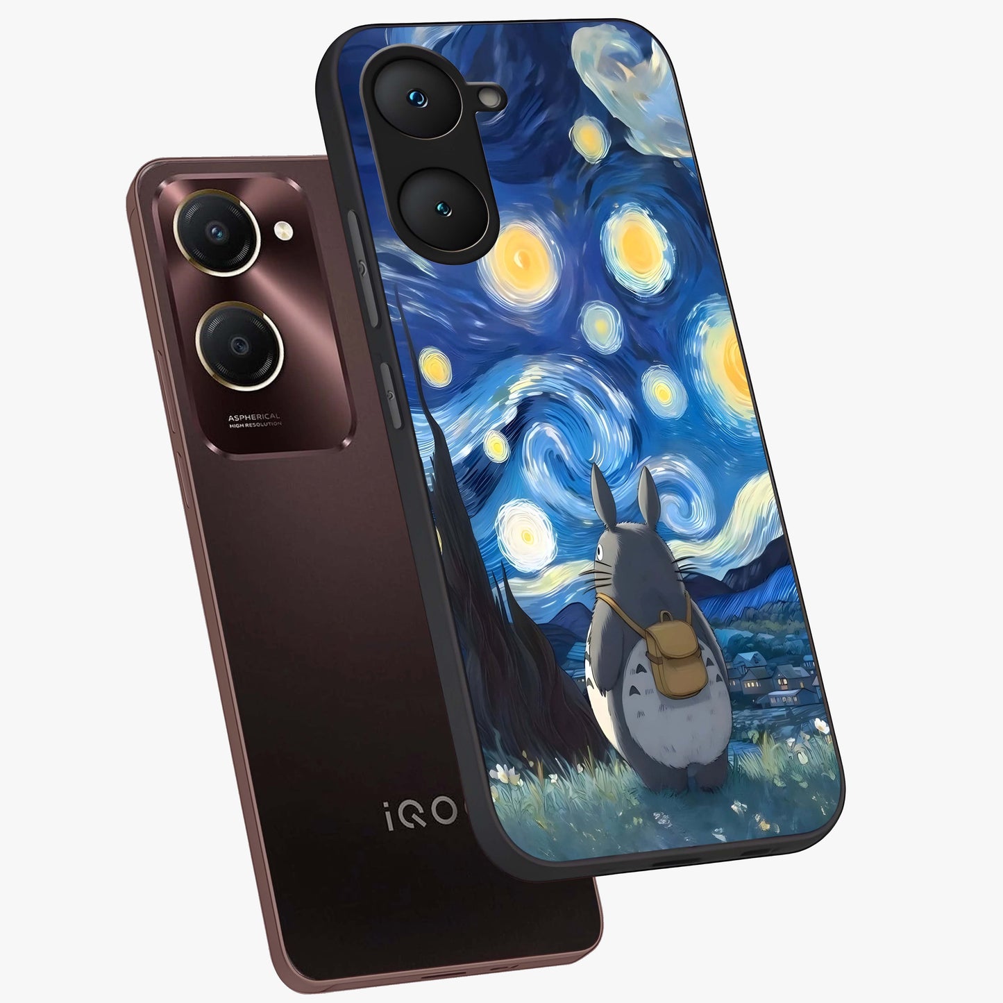 Totoro In Van Gogh Art Glass Case displayed in angled mockup highlighting artistic swirling sky design with playful animation aesthetic.