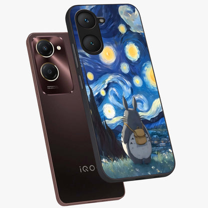 Totoro In Van Gogh Art Glass Case displayed in angled mockup highlighting artistic swirling sky design with playful animation aesthetic.