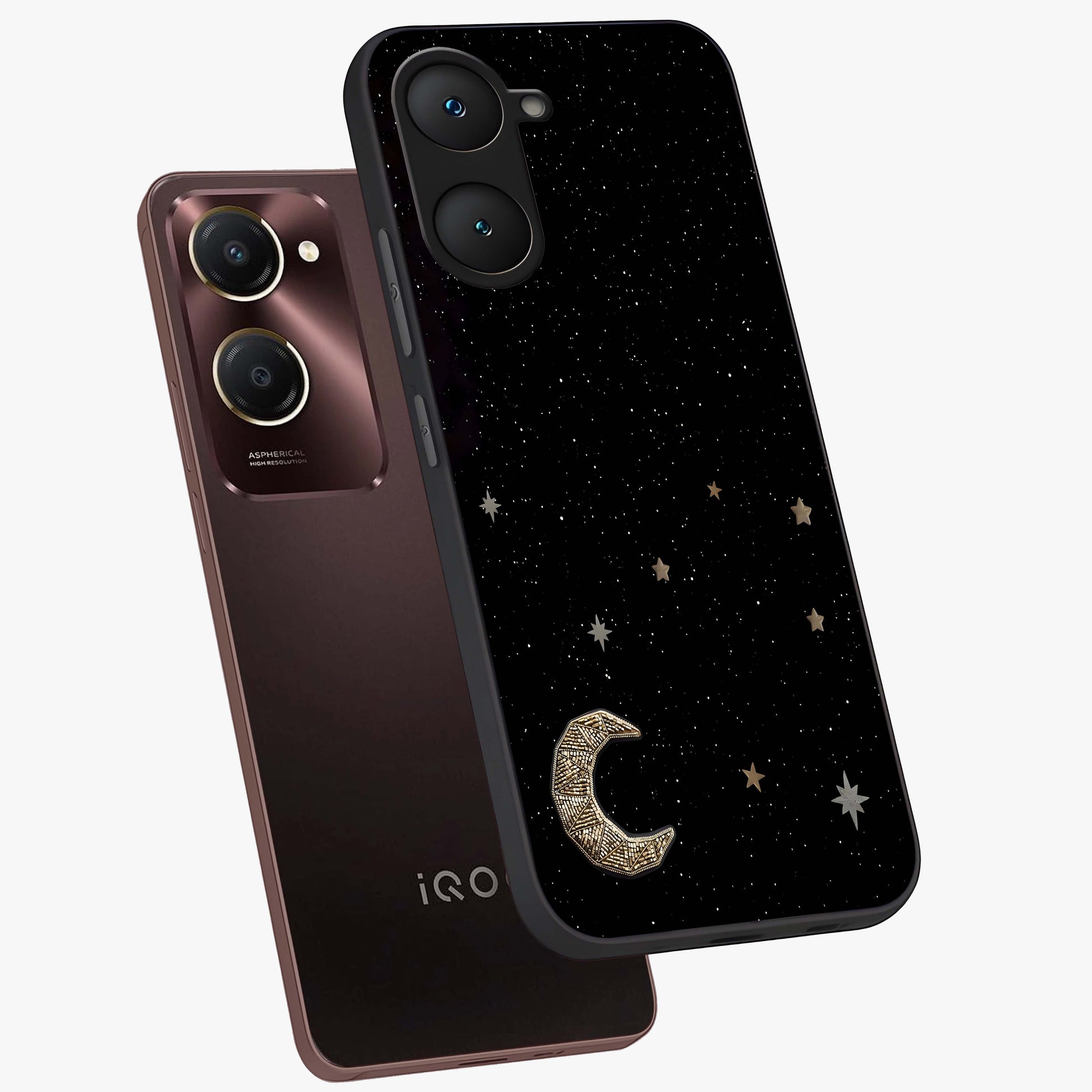 Twinkle Star With Half Moon Glass Case displayed in angled mockup highlighting celestial moon and star design with magical aesthetic.