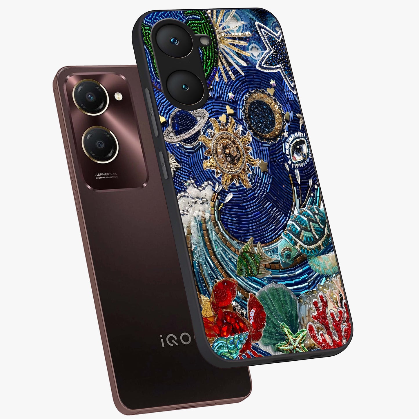 Universe Underwater Spark Glass Case displayed in angled mockup highlighting glowing aquatic design with celestial aesthetic.