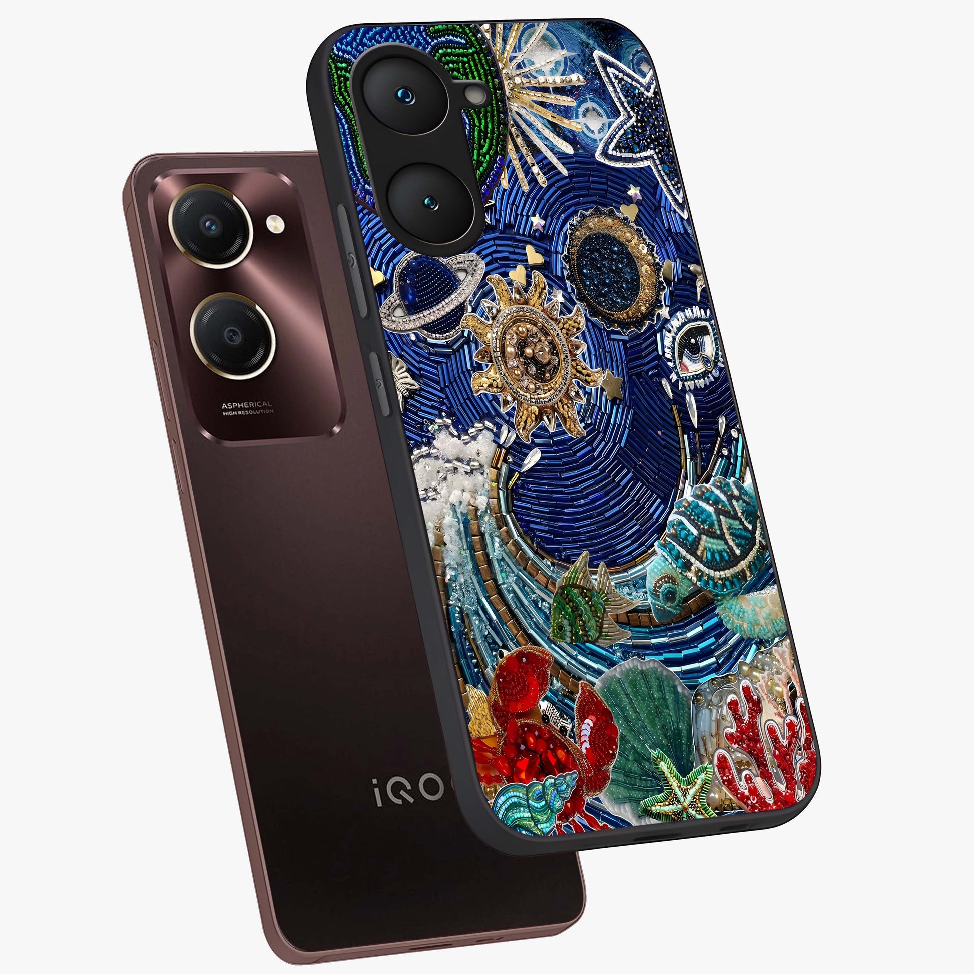Universe Underwater Spark Glass Case displayed in angled mockup highlighting glowing aquatic design with celestial aesthetic.
