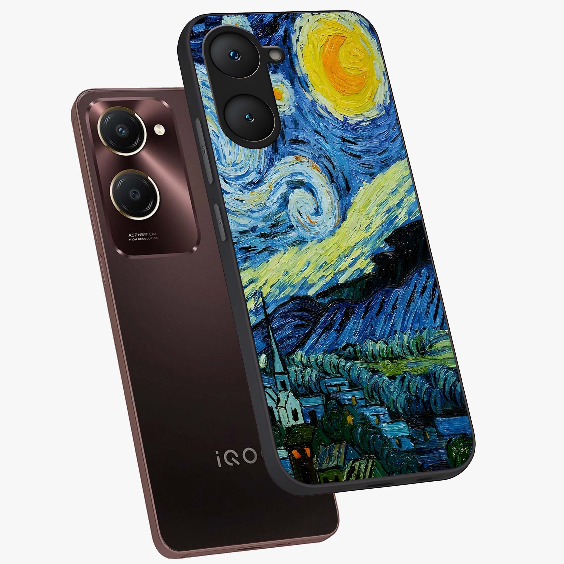 Van Gogh Art Glass Case displayed in angled mockup highlighting swirling brushstroke design with artistic aesthetic.