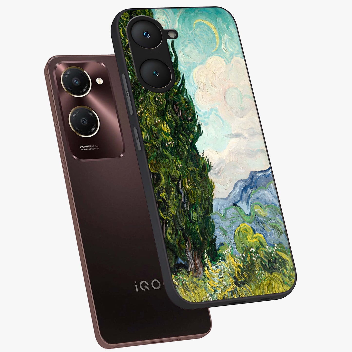 Van Gogh Vintage Art Glass Case displayed in angled mockup highlighting textured brushstroke design with classic aesthetic.