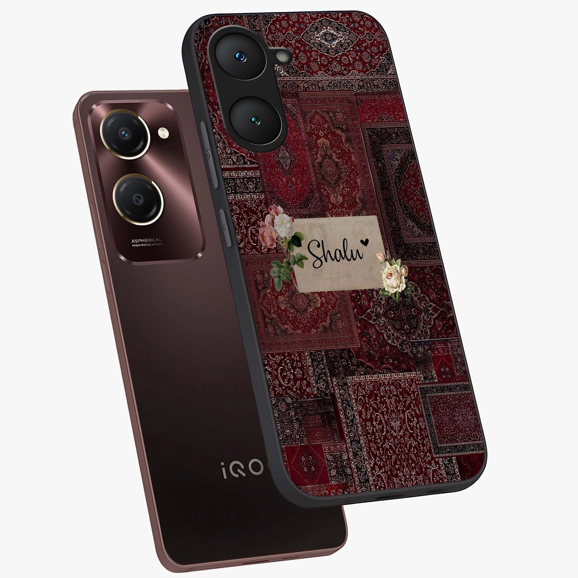 Velvet Wine Pattern Custom Name Glass Case displayed in angled mockup highlighting decorative velvet inspired design with custom name feature.