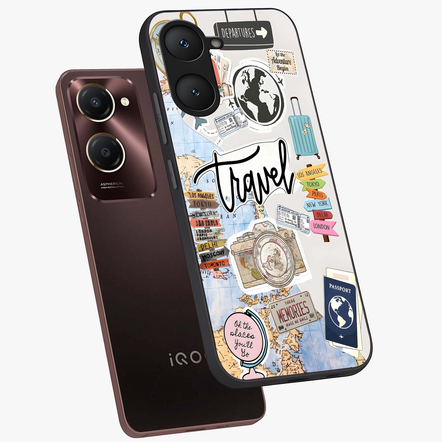 Wanderlust Journal Glass Case displayed in angled mockup highlighting adventure themed design with aesthetic travel vibe.