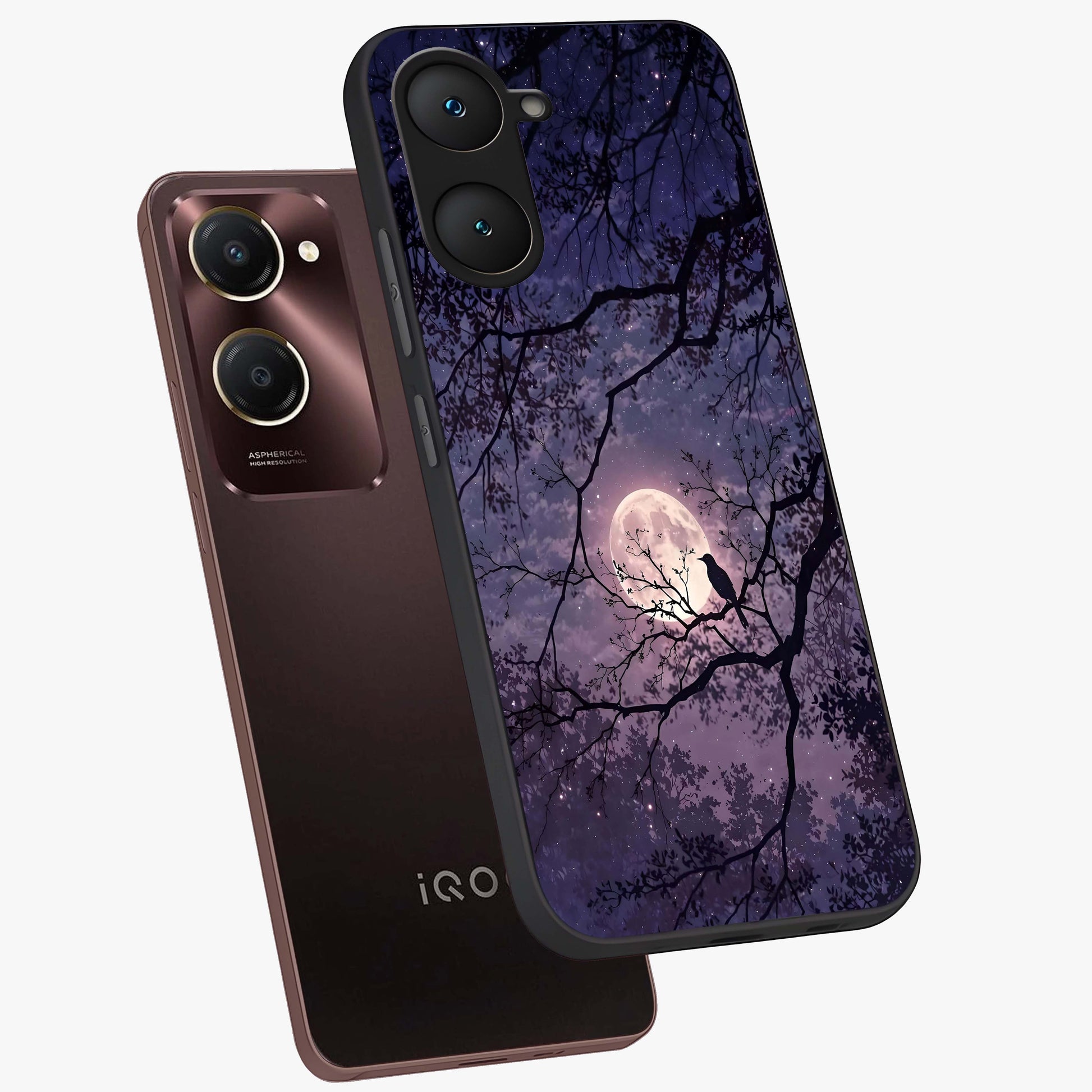 Whispering Moon Silence Glass Case displayed in angled mockup highlighting calm lunar design with dreamy night aesthetic.