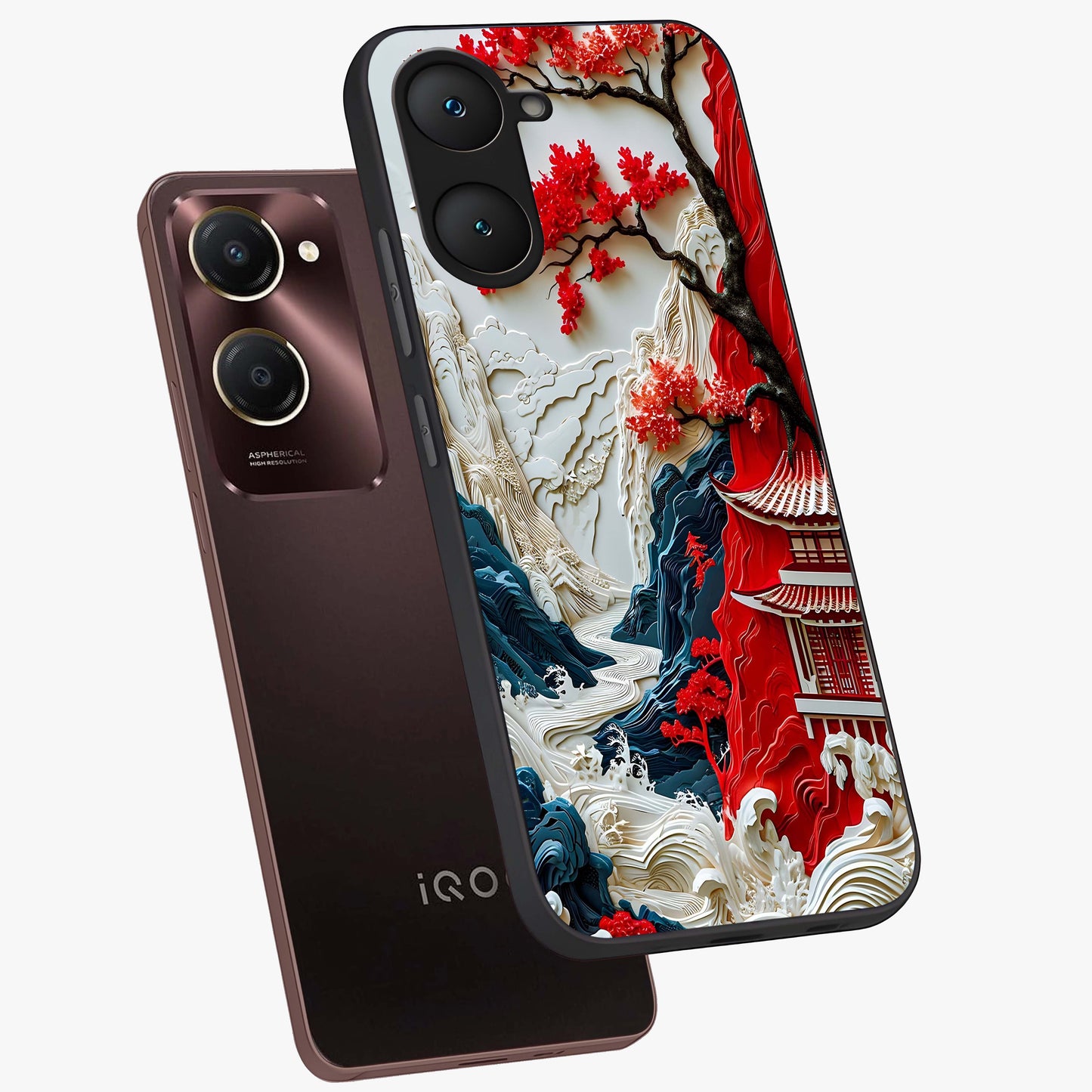Whispers Of Sakura Waves Glass Case displayed in angled mockup highlighting flowing sakura design with soft floral aesthetic.
