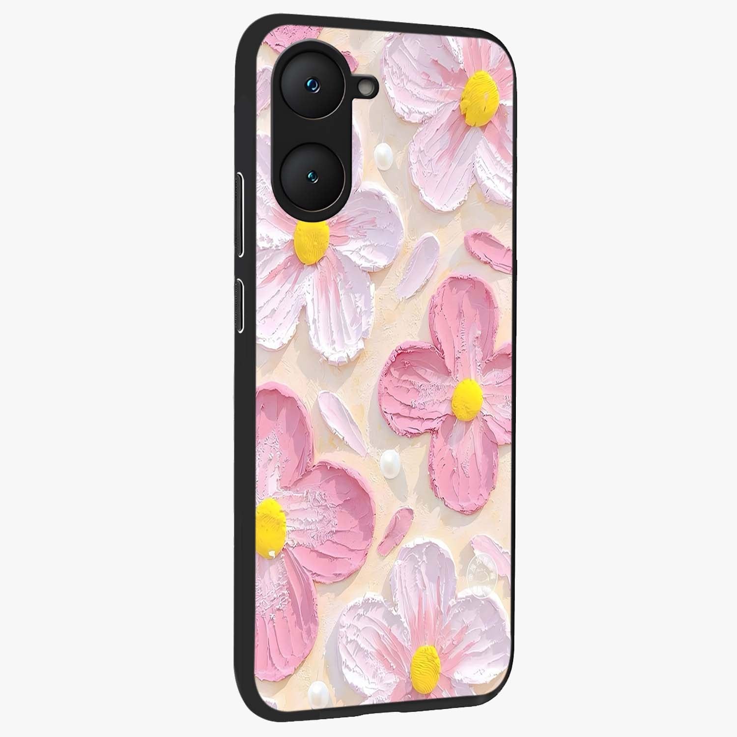 Blush Bloom Texture Glass Case upright view showcasing delicate blush floral texture with modern minimal style.