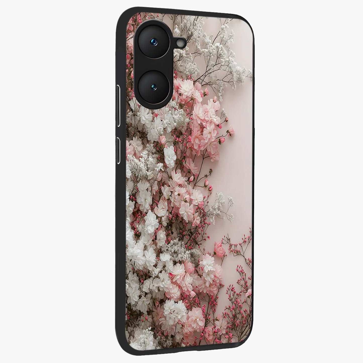 Blush Blossom Cloud Glass Case upright view showcasing calm floral cloud artwork with gentle dreamy theme.