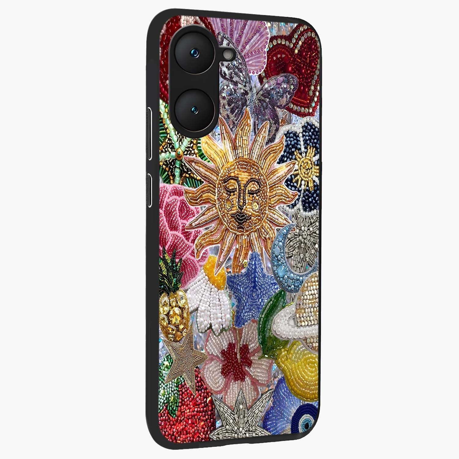 Celestial Floral and Playful Glass Case upright view showcasing whimsical floral artwork with cosmic aesthetic theme.