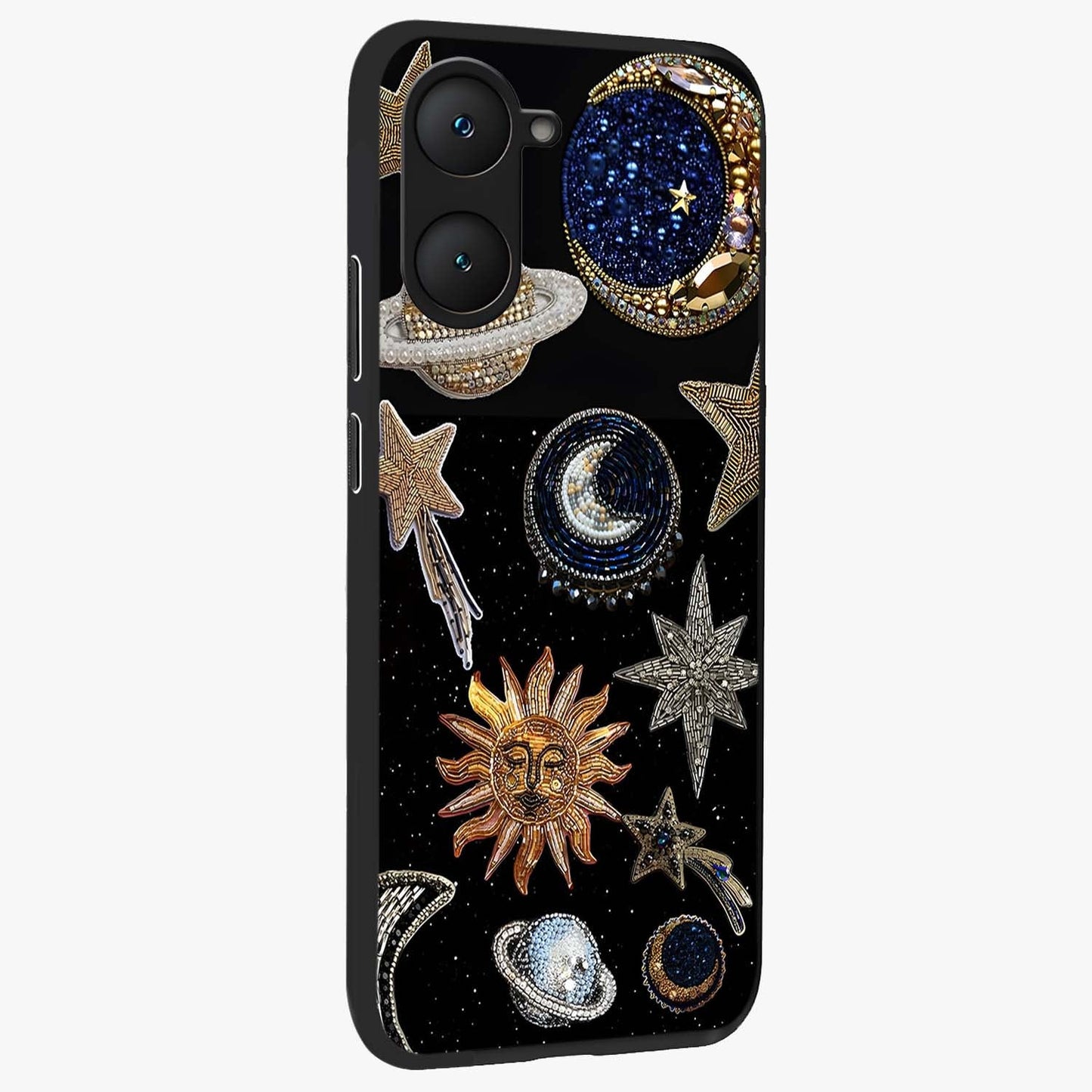 Celestial Gem Constellations Glass Case upright view showcasing cosmic constellation artwork with celestial aesthetic style.