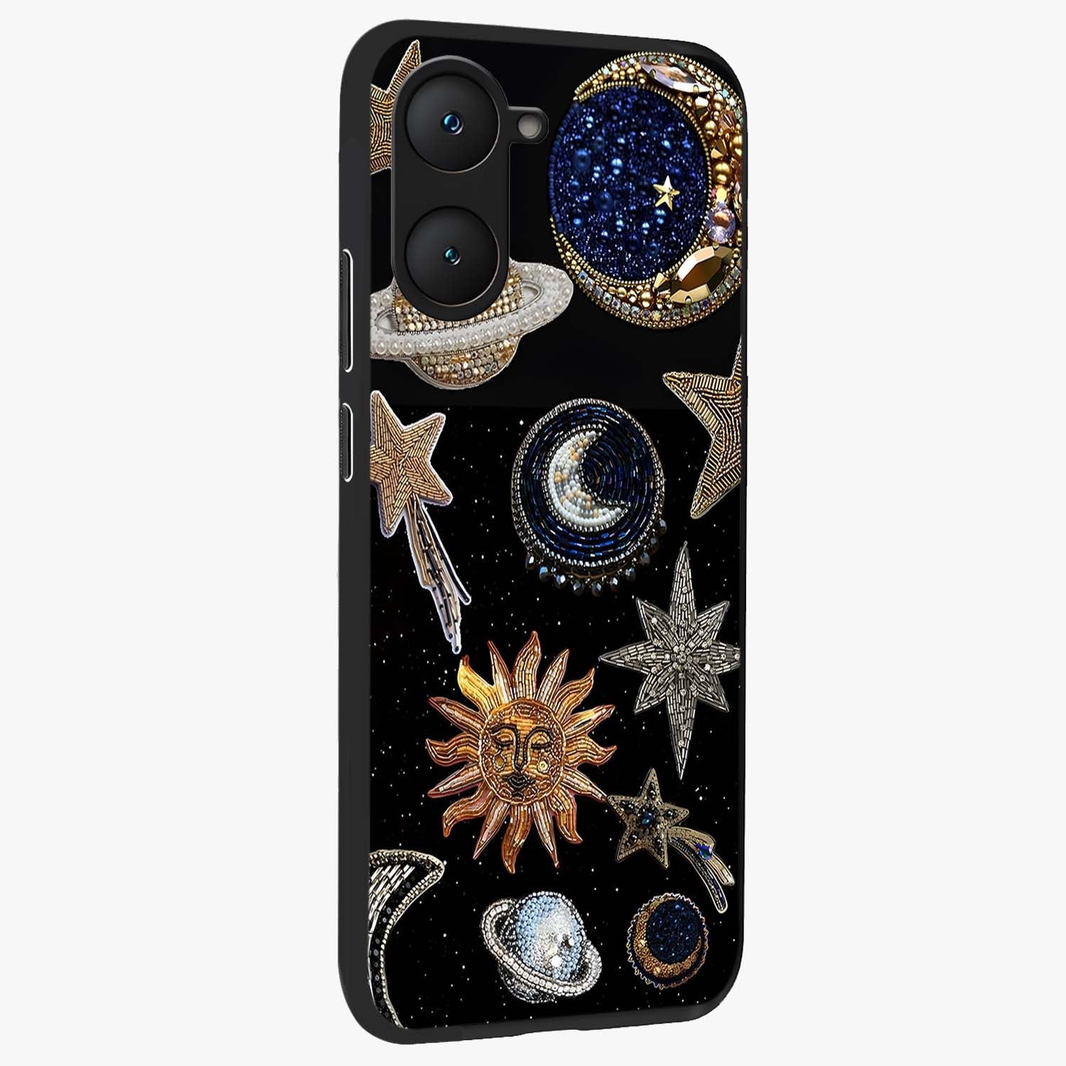 Celestial Gem Constellations Glass Case upright view showcasing cosmic constellation artwork with celestial aesthetic style.