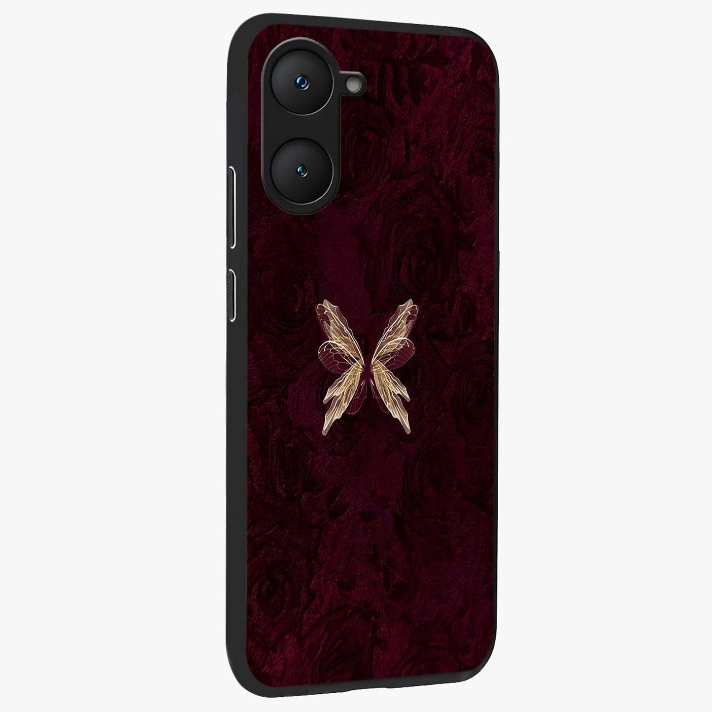 Crimson Fade Butterfly Glass Case upright view showcasing graceful butterfly artwork with soft crimson fade effect.