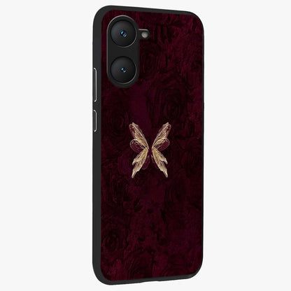 Crimson Fade Butterfly Glass Case upright view showcasing graceful butterfly artwork with soft crimson fade effect.