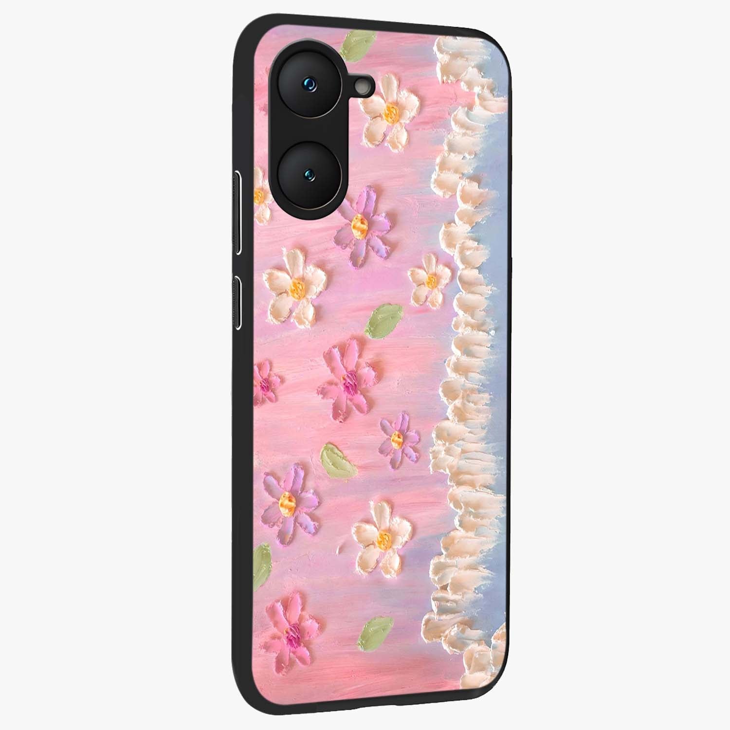 Dreamy Painted Garden Glass Case upright view showcasing vibrant floral garden artwork with artistic nature theme.