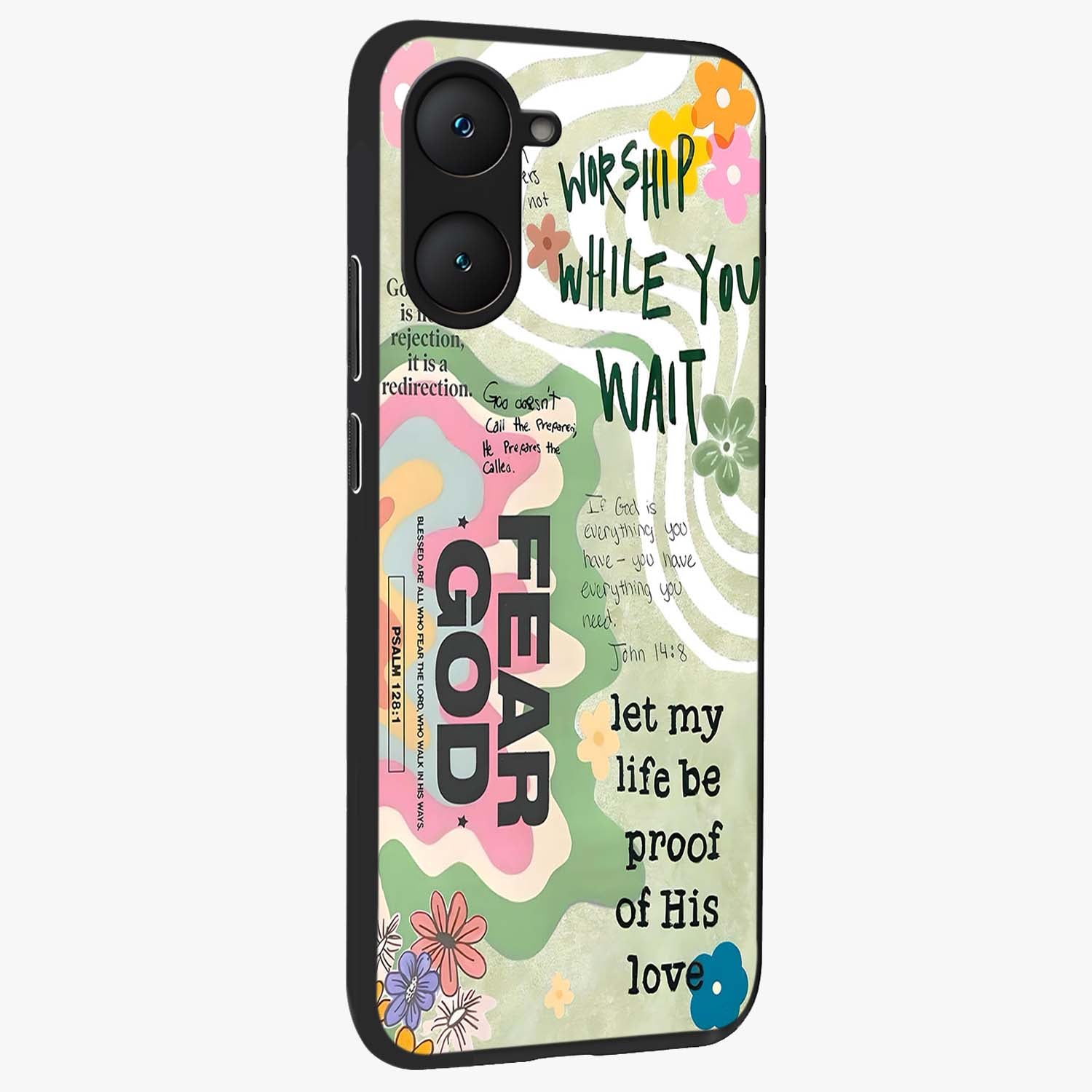Faith Over Fear Glass Case upright view showcasing bold typography artwork with uplifting motivational theme.
