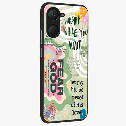 Faith Over Fear Glass Case upright view showcasing bold typography artwork with uplifting motivational theme.