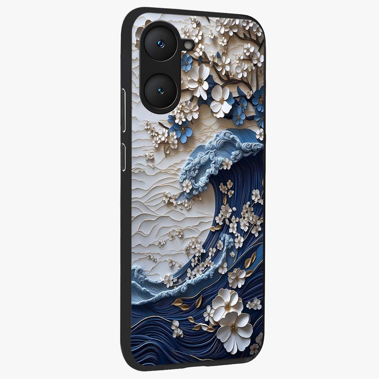 Floral Wave Origami Glass Case upright view showcasing creative floral origami artwork with artistic decorative theme.