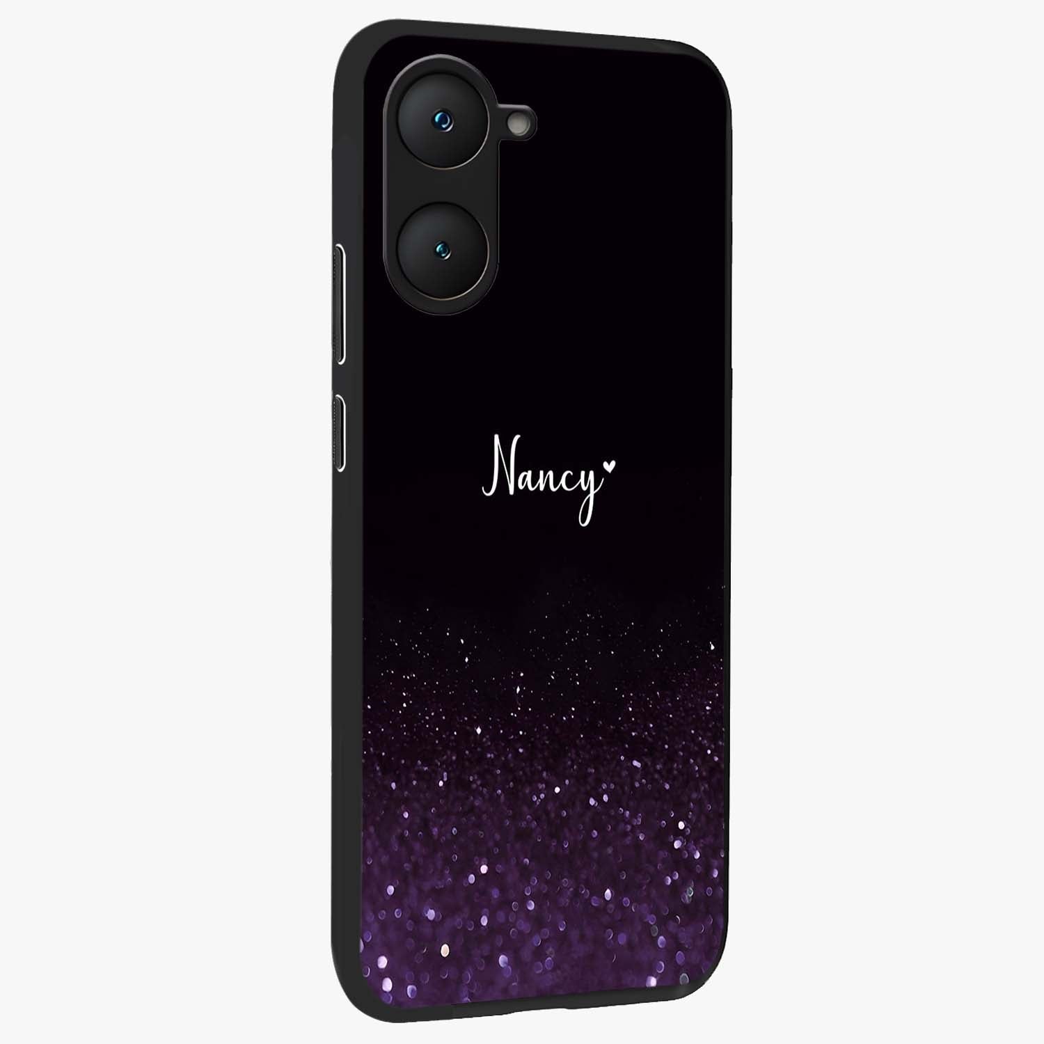 Glittery Purple Bokeh Custom Name Glass Case upright view showcasing vibrant purple sparkle artwork with personalized aesthetic style.
