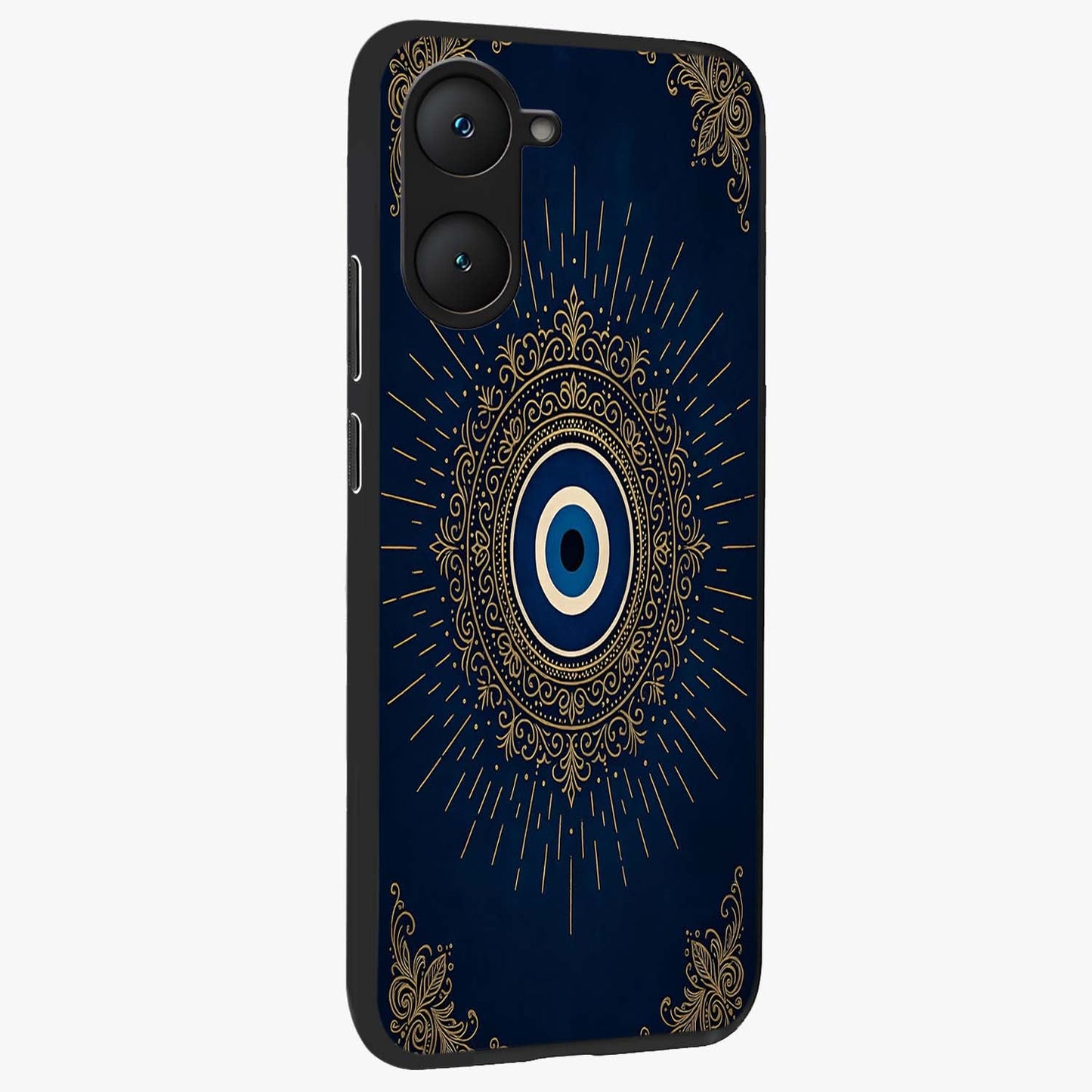 Golden Celestial Charm Glass Case upright view showcasing radiant celestial artwork with elegant golden theme.