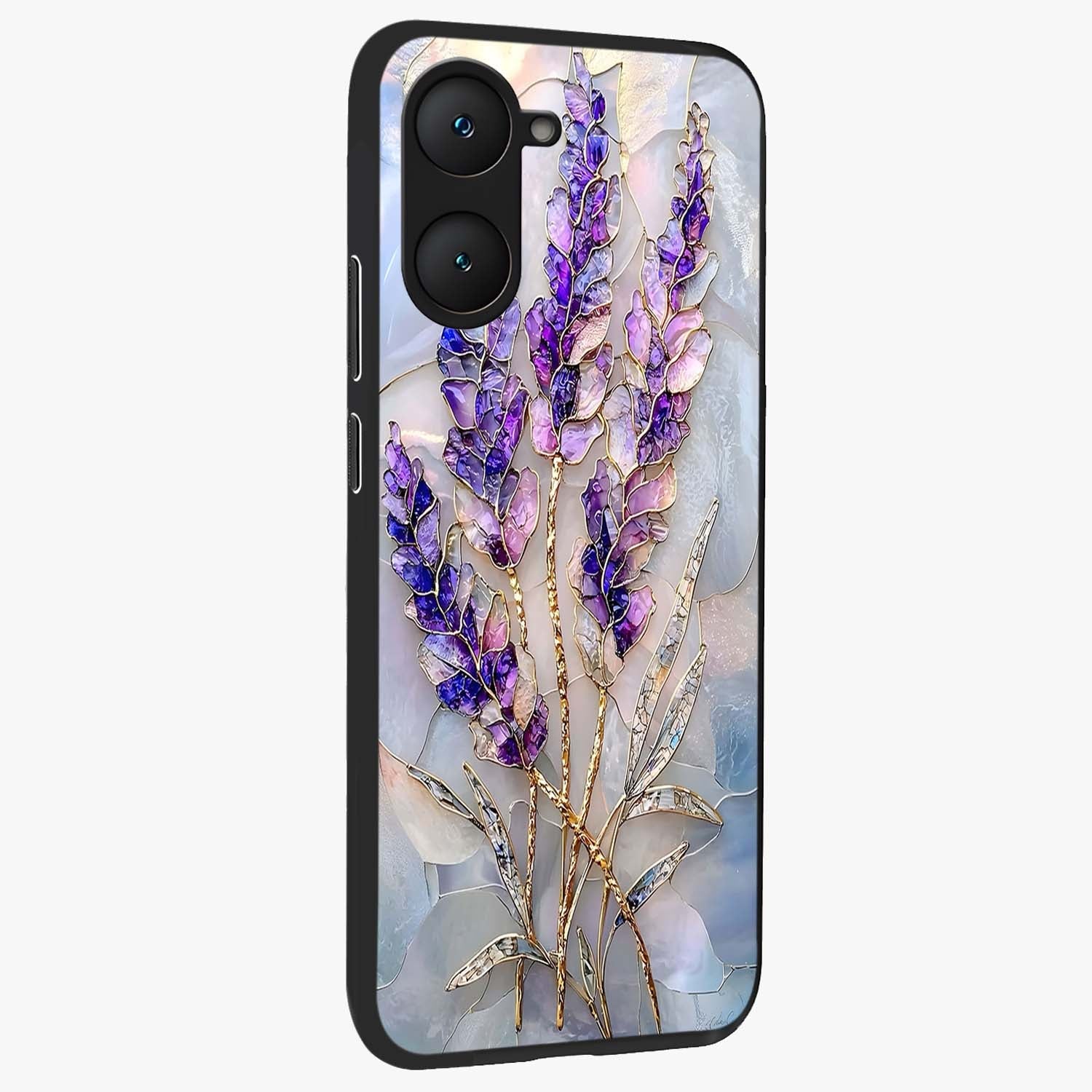 Lavender Dream Glow Glass Case upright view showcasing radiant lavender glow artwork with calming dreamy theme.