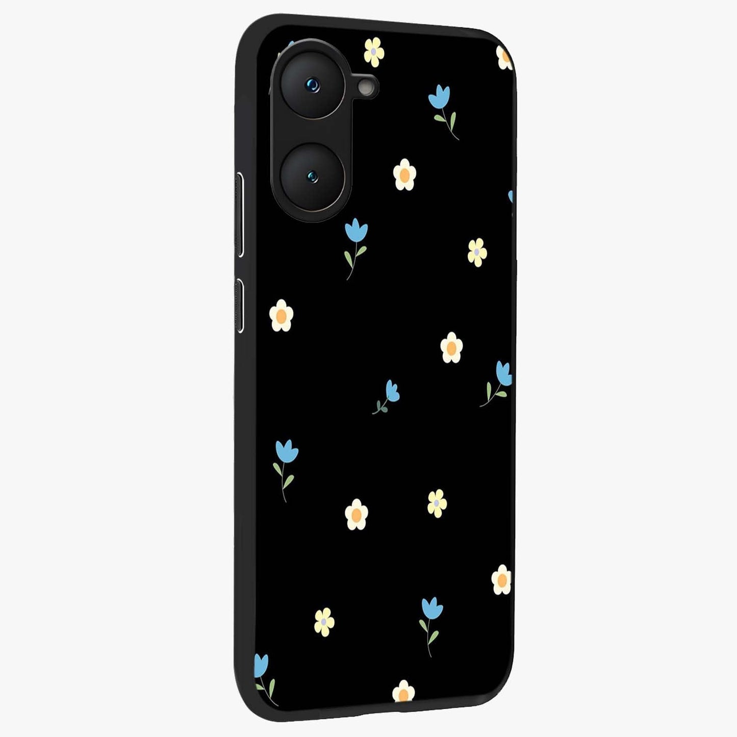 Minimal Petal Whispers Glass Case upright view showcasing elegant floral artwork with modern minimalist style.