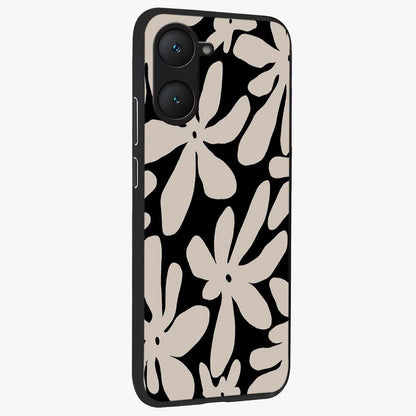 Monochrome Petal Dance Glass Case upright view showcasing artistic floral pattern with stylish monochrome theme.