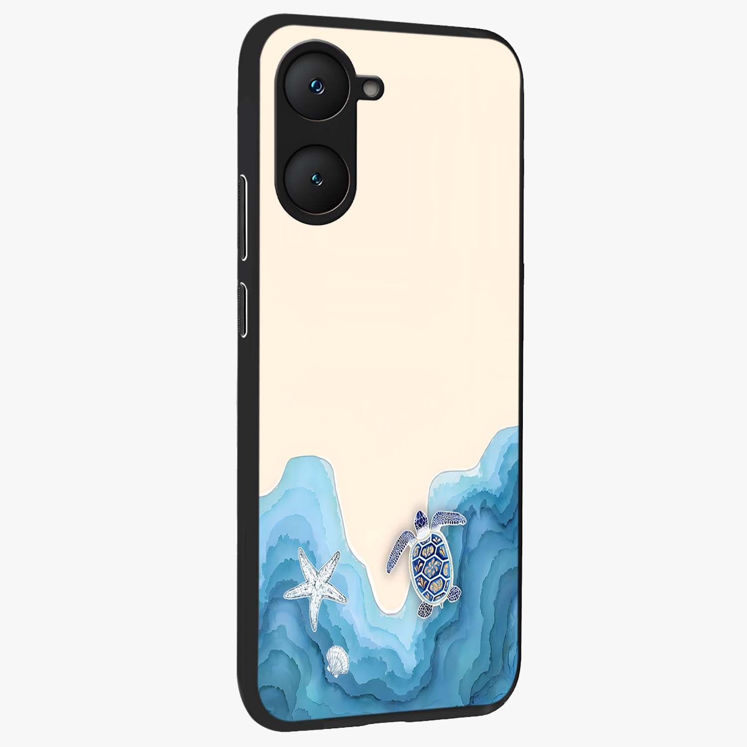 Ocean Drift Turtle Glass Case upright view showcasing calm underwater turtle artwork with nature inspired theme.
