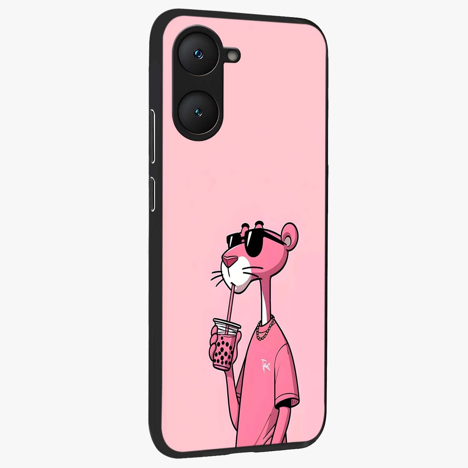Pink Panther Glass Case upright view showcasing fun animated artwork with stylish retro cartoon theme.