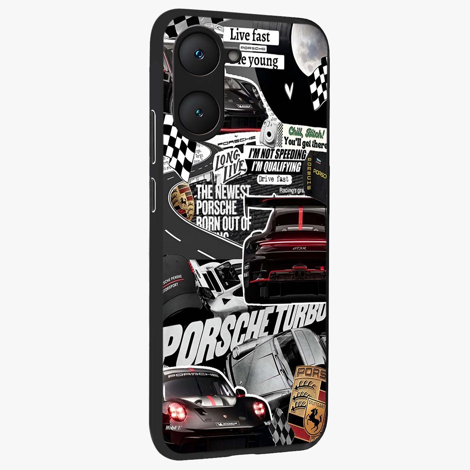 Porsche Racing Collage Glass Case upright view showcasing energetic car collage artwork with high speed racing theme.