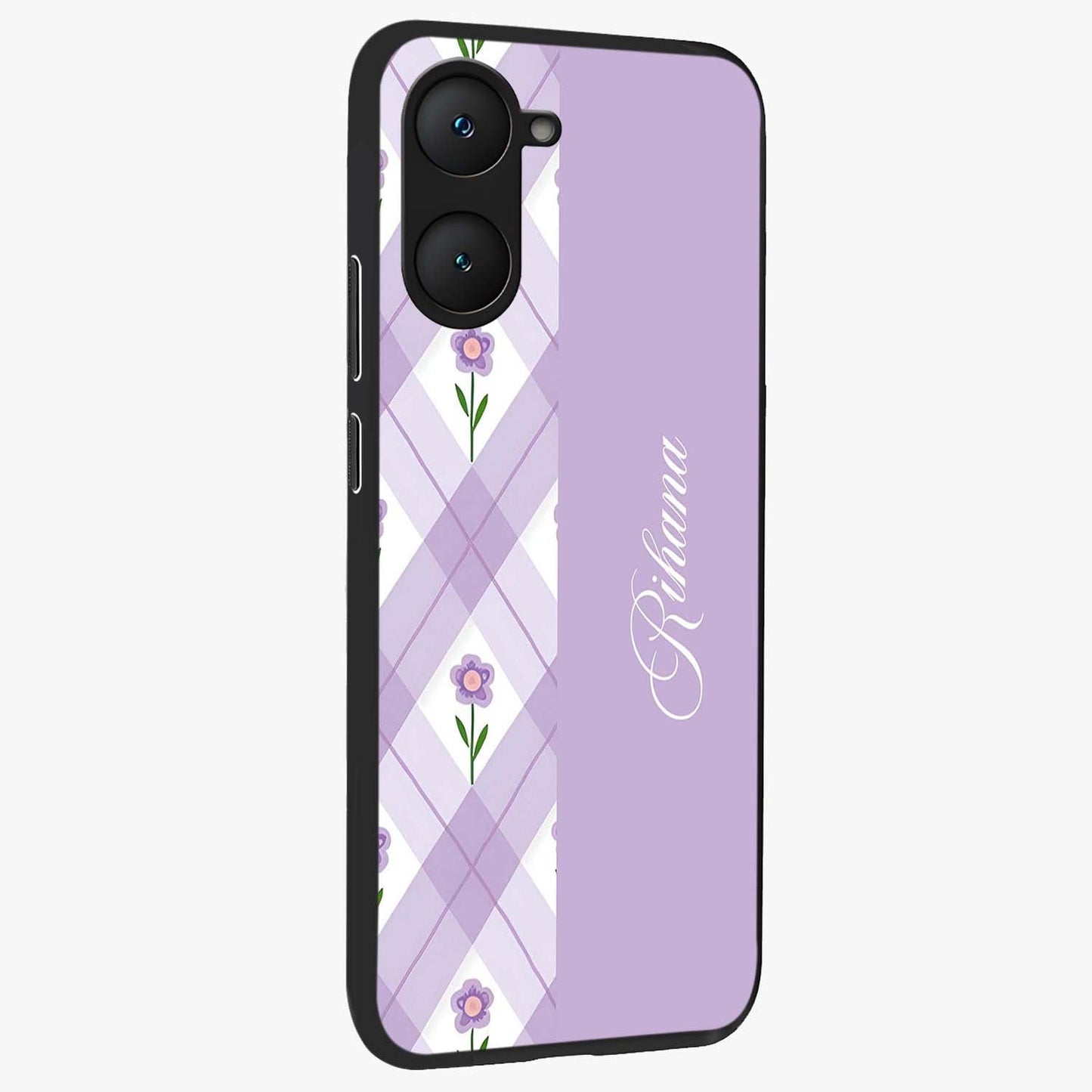 Purple Diamond Floral Glass Case upright view showcasing vibrant floral artwork with stylish geometric theme.