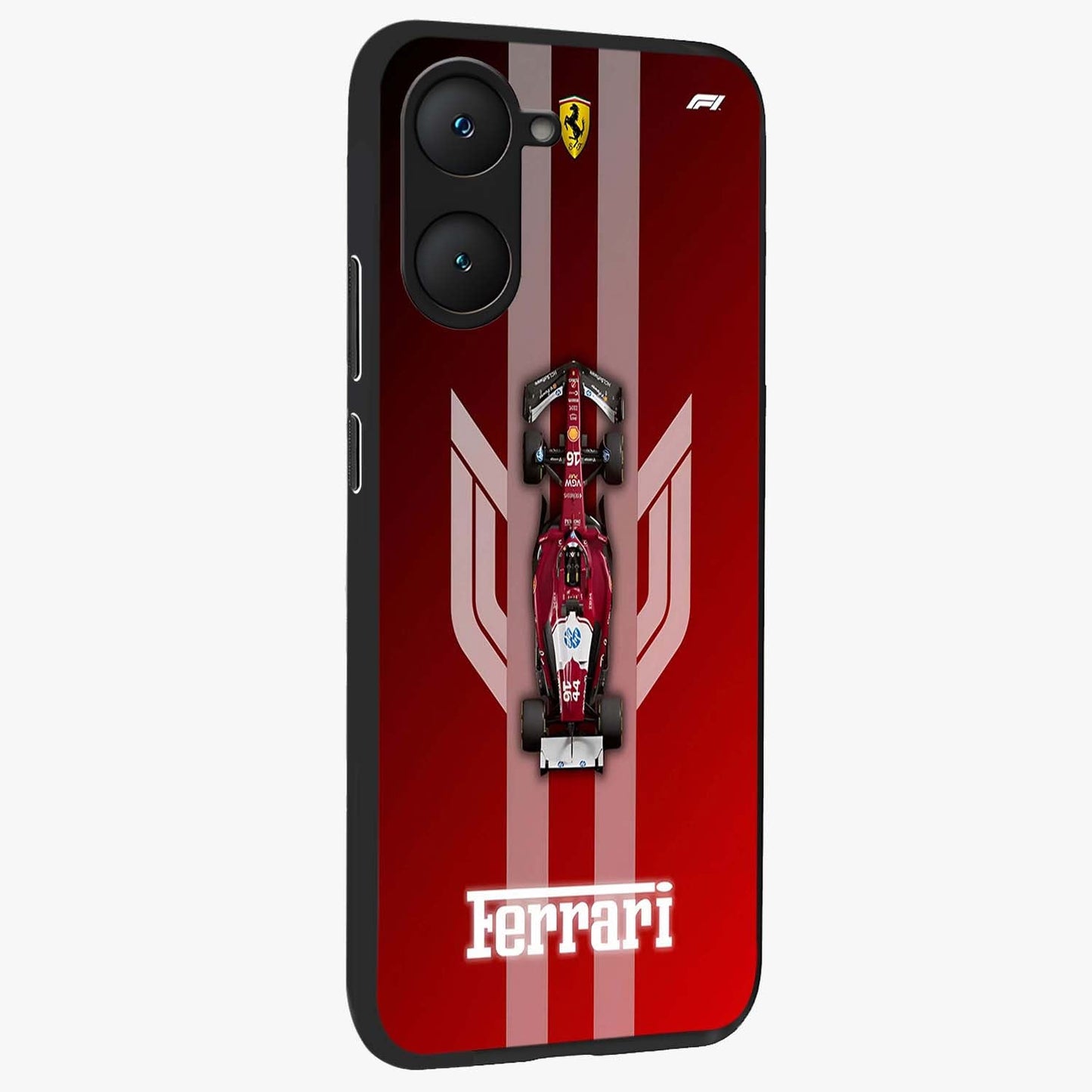 Red Ferrari F1 Vertical Glass Case upright view showcasing powerful Formula car artwork with dynamic motorsport theme.